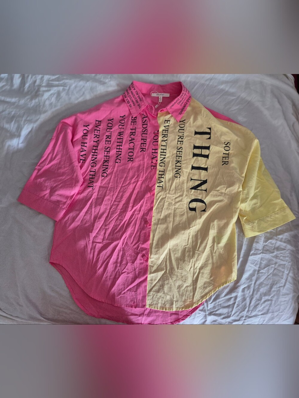 Pastels Two-Tone Pink and Cream Button-Down Shirt with Black Text